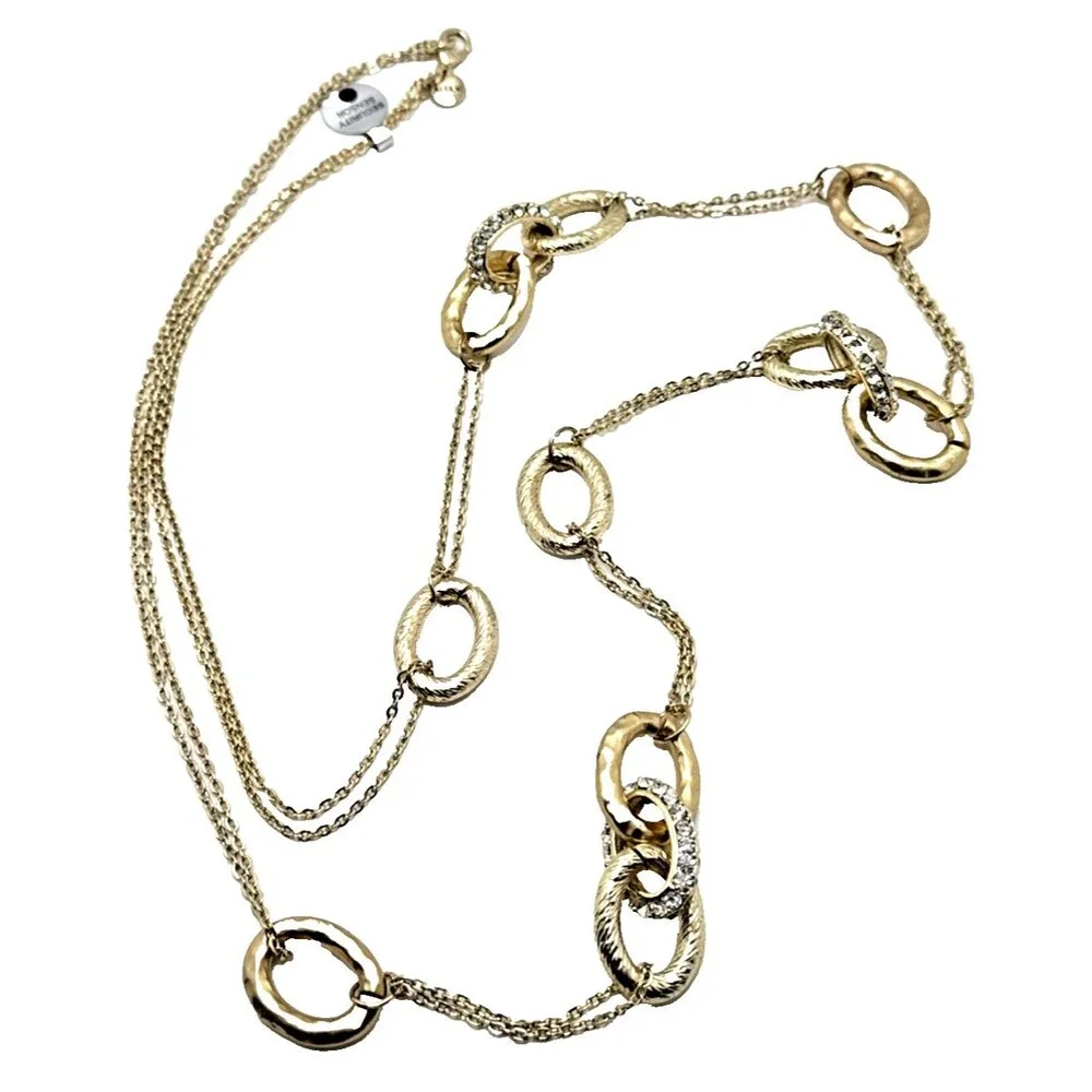 New Alfani Rhinestone Gold Tone Station Necklace Oval Textured Links 42” NWT